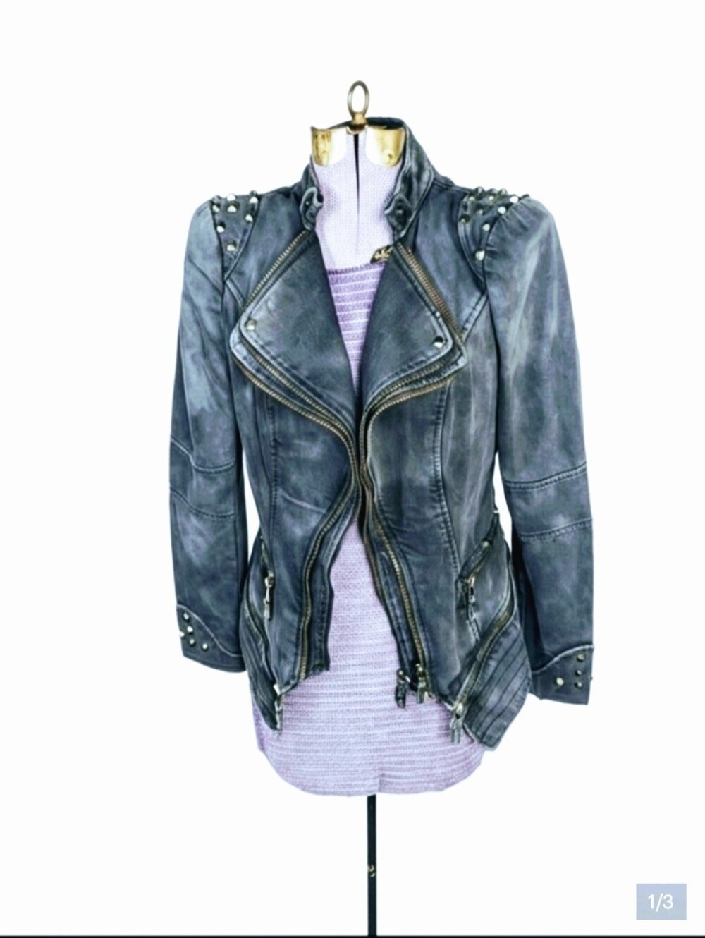 Studded Drk Blue Textured Women’s Denim Moto Jacket Sz M